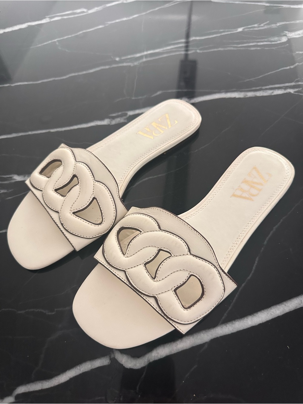 Zara Cream Chain-Link Slide Sandals